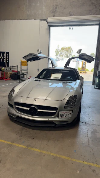 Mercedes SLS receiving side window glass service at the Majesty Auto Glass shop in Chula Vista